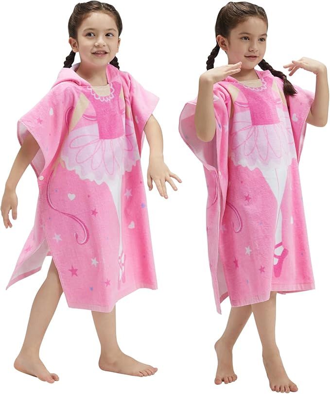 BANGSAUR Kids Hooded Towel Bath Beach Soft Cotton Towels Girls Absorbent Pool Wrap with Hood Baby Toddler Poncho Robe(Ballerina,3-4Years/Height:33"-43")