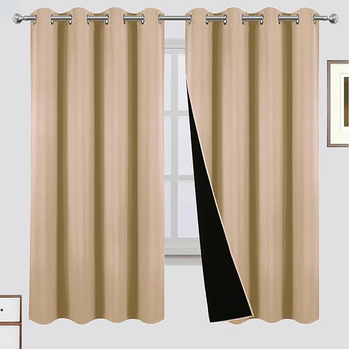 LEMOMO Blackout Curtains 52 x 72 Inch Beige Curtains 2 Panels Darkening Thermal Insulated Bedroom Curtains