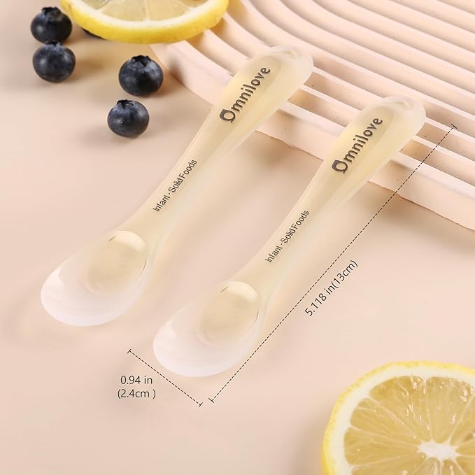 Omnilove Silicone Baby Spoons 2-Pack with Case, Self Feeding 6 Months, Baby Led Weaning Supplies, Toddler Utensils with Safety Chain, Toddler Essentials, Dishwasher Safe Baby Safety Products