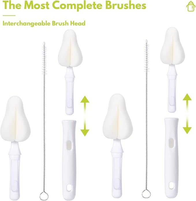 Carebabymore 8 Pcs Sponge Nipple Bottle Brushes, Baby Bottle Brush with 3 Pcs Nipple Cleaner, 3 Pcs Replacement Heads and 2 Pcs Straw Brushes, White
