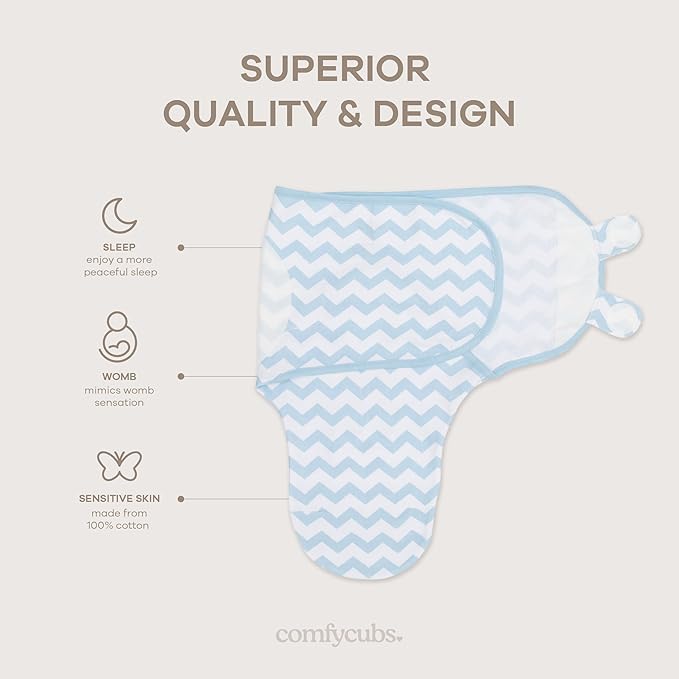 Comfy Cubs Easy Swaddle Blanket, 3 Pack - 100% Cotton Newborn Wrap, Large for 3-6 Months Infants, with Adjustable Velcro, Breathable and Durable Sleep Sack for Babies - Blue