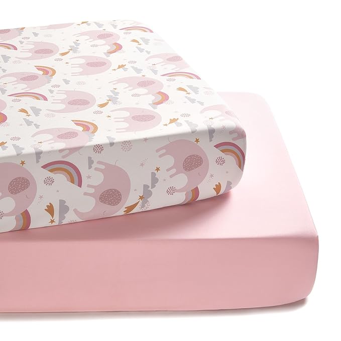 TILLYOU Baby Crib Sheets for Boys Girls, Super Soft Toddler Bed Sheets, 2 Pack Sheets for Standard Crib Mattress 28x52in, Rainbow Elephant