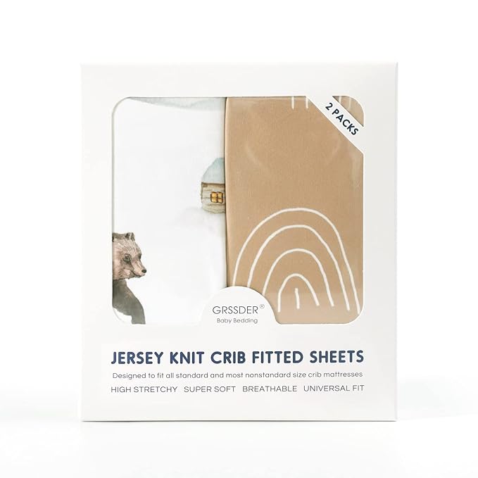 GRSSDER Stretchy Crib Sheets 2 Pack for Baby, Ultra Soft Jersey Knit Crib Fitted Sheets with Deep Pocket, Universal Fits All Standard Crib Mattress Pads Safe and Snug, Jungle Bear/Rainbow