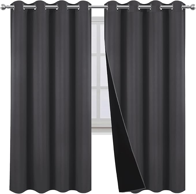 LEMOMO 100% Blackout Curtains 52 x 72 Inch Dark Grey Curtains 2 Panels Darkening Thermal Insulated Bedroom Curtains