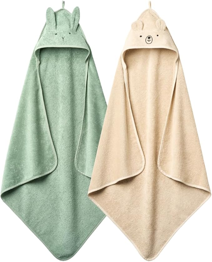 Baby Hooded Towel – Organic Cotton Baby Bath Towels, 32" x 32" Super-Soft and Absorbent Baby Towels for Newborn 2-Pack (TW Bear Fog/R. Roman Green)