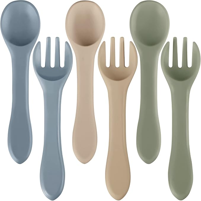 6 Pieces Silicone Baby Feeding Forks and Spoons Set Hot Safety First Stage Self Feeding Supplies Mini Kids Utensils for Over 6 Months Babies Boy Girl Toddlers First Foods (Neutral Color)