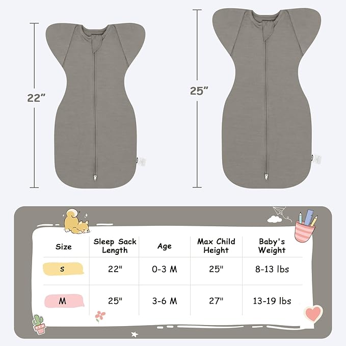 MEXXI Swaddle Baby Sleep Sack With Arms Up, 2 Pack Baby Transitional Swaddle with Double Zipper,0.5 TOG, 8-13 lbs, S