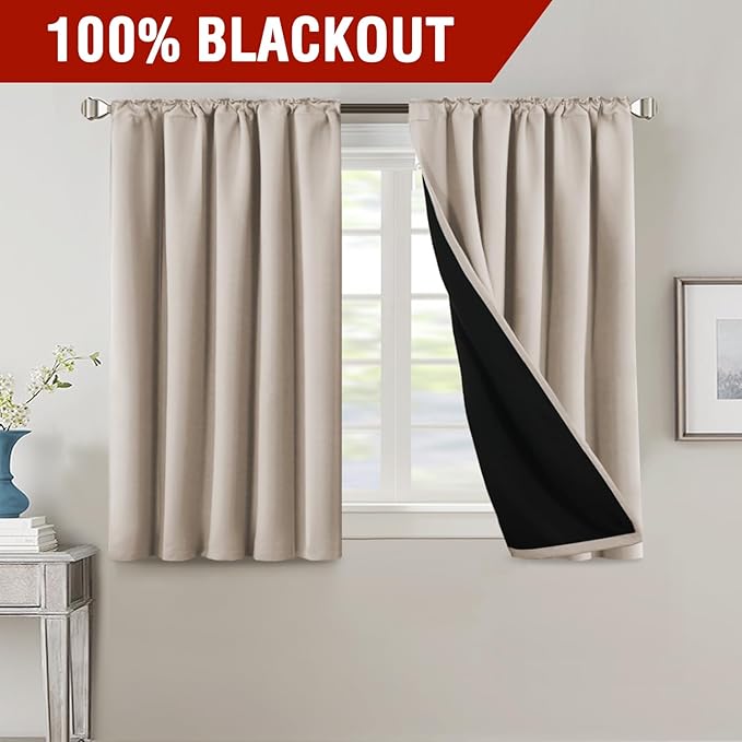 H.VERSAILTEX 100% Blackout Curtains for Bedroom with Black Liner Full Room Darkening Curtains 45 Inch Long Thermal Insulated Back Tab/Rod Pocket Window Drapes for Living Room, 2 Panels, Natural