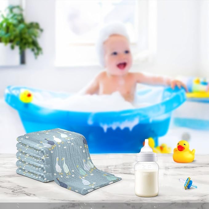 vvfelixl Baby Washcloths Cotton Funny Gooses Baby Muslin Washcloths Soft Baby Face Towel for Newborn Infants, 11.8 X 11.8 Inch, 5 Pack Blue
