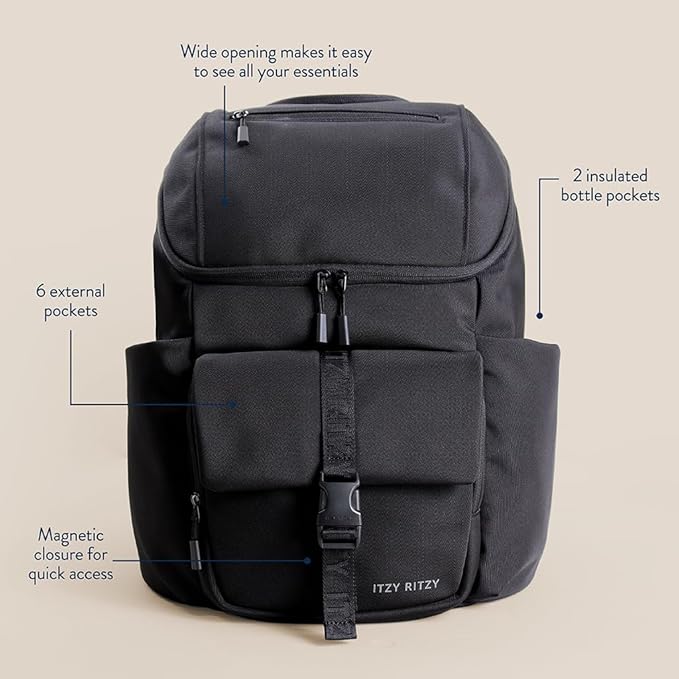 Itzy Ritzy Belong Bucket Backpack – Lightweight Diaper Bag Backpack Featuring 16 Pockets, Bucket Top Opening, Stroller Straps & Changing Pad; Organized and Stylish Everyday Family Backpack (Black)