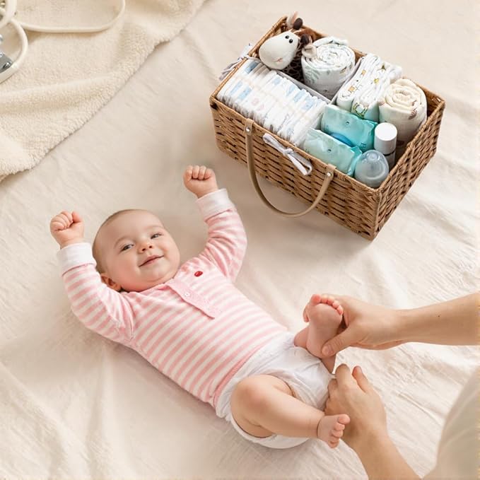 HBlife Large Diaper Caddy Organizer, Washable Waterproof, Portable Plastic Wicker Woven Basket with Divider, Nursery Diaper Station, Baby Shower Gifts Basket & Car Organizer