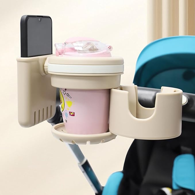 Lusinus 3-in-1 Dual Cup and Phone Holder with 360 Rotating Clamp Compatible with YOYO Stroller - Fits Bottles, Coffee Cups, Smartphones