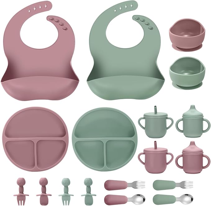 JELLDJK Silicone Baby Feeding Set, 18PCS Baby Led Weaning Supplies, Eating Essentials Utensils with Suction Plate and Bowl, Adjustable Silicone Bib, for 6+ Months (Pink+Green)