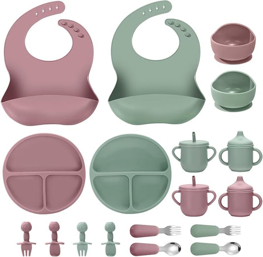 JELLDJK Silicone Baby Feeding Set, 18PCS Baby Led Weaning Supplies, Eating Essentials Utensils with Suction Plate and Bowl, Adjustable Silicone Bib, for 6+ Months (Pink+Green)