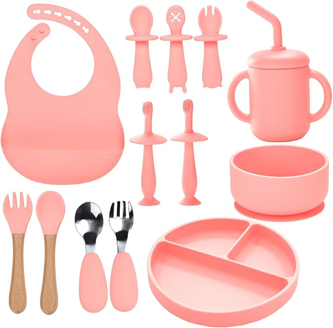 Silicone Baby Feeding Set - 13PCS Essentials With Suction Bowl, Plate, Spoons, Forks, Bib, Cup, Toothbrush - Led Weaning Supplies for 6+ Months Eating (Pink)