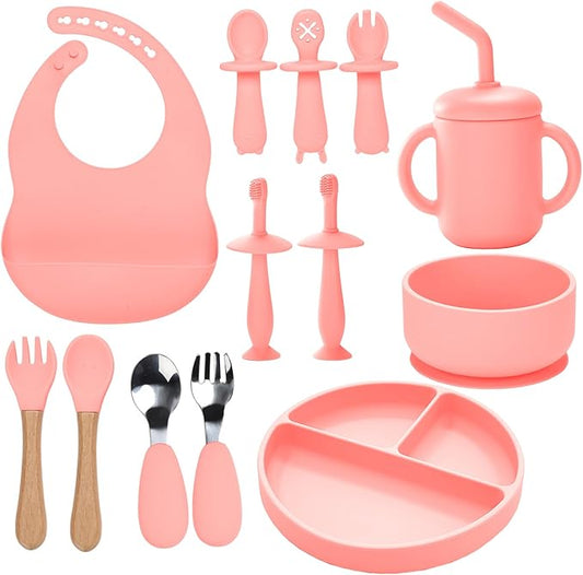 Silicone Baby Feeding Set - 13PCS Essentials With Suction Bowl, Plate, Spoons, Forks, Bib, Cup, Toothbrush - Led Weaning Supplies for 6+ Months Eating (Pink)