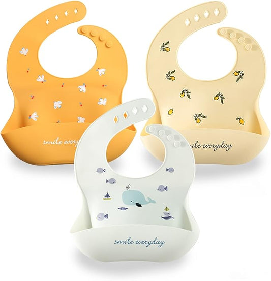 YINGJEE Baby Silicone Feeding Bibs, 3pcs Adjustable Waterproof Bibs for Feeding