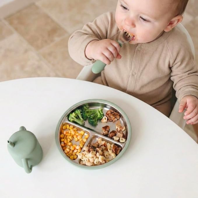 Stainless Steel Toddler Plate with Suction Set of 2, 8” Divided Plates with Removable Silicone Sleeves for Kids, Non Toxic & BPA Free | Non Slip | Unbreakable Baby Dishes, (Mocha Mousse & Sage Green)