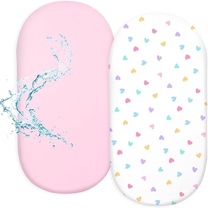 FIOBEE Baby Bassinet Sheets for Girls Boys 2 Pack Waterproof Bassinet Mattress Elastic Fitted Crib Sheets Universal Fit for Hourglass Oval and Rectangle Bassinet Sheet, White & Pink