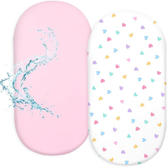 FIOBEE Baby Bassinet Sheets for Girls Boys 2 Pack Waterproof Bassinet Mattress Elastic Fitted Crib Sheets Universal Fit for Hourglass Oval and Rectangle Bassinet Sheet, White & Pink