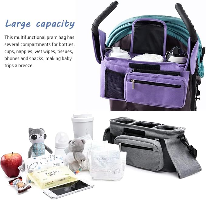 Baby Stroller Organizer, Universal Stroller Organizer with Detachable Phone Bag, Stroller Caddy with 2 Insulated Cup Holders, Buggy Organizer Bag with 2 Hooks Fits Most Strollers (Purple)