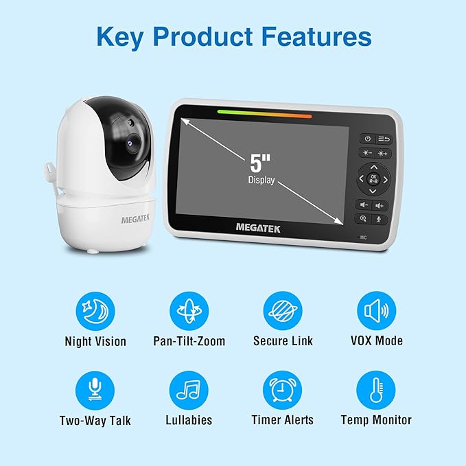 MEGATEK BabyView Video Baby Monitor with Camera and Audio, 5” Screen, Pan-Tilt-Zoom, No-WiFi 2.4GHz Wireless, 30-Hour Battery, Night Vision, 2-Way Talk, VOX, Lullabies, Timer, Temperature Alerts