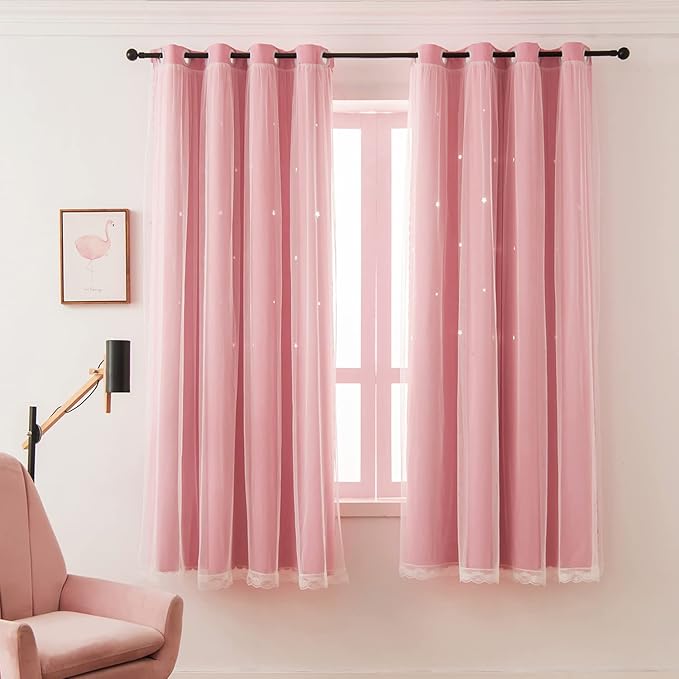 Girls Curtains for Living Room Bedroom Curtain Double Layer Blackout Curtains 54 Inch Length Star Cutout Pink Curtain Window Drapes for Nursery (Pink, 42W x 54L,2 Panels)