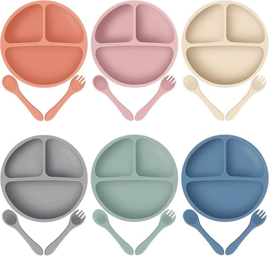 Potchen 6 Pack Suction Plates for Baby with Spoon Fork Divided Toddler Plate with Suction Silicone Baby Self Feeding Set for Boys Girls (Dark Gray, Army, Dark Blue, Orange, Khaki, Pink)