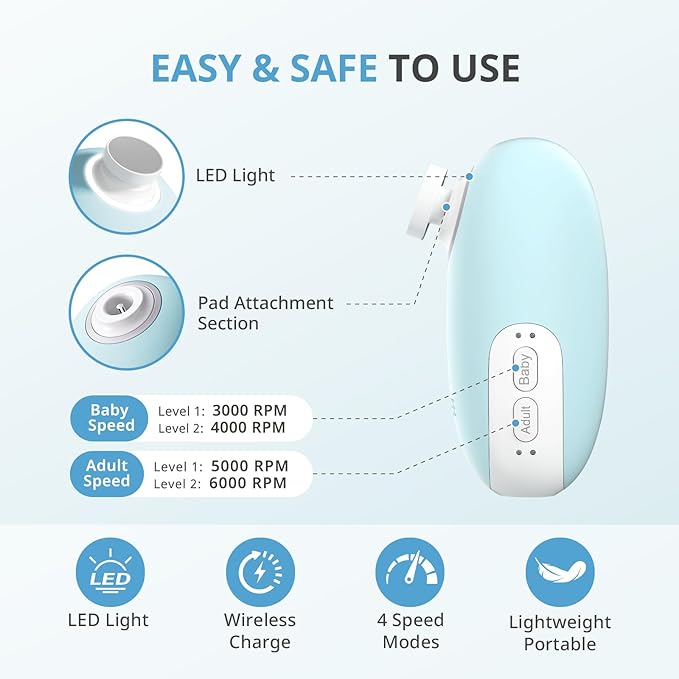 AIRSEE Premium Newborn Gift, Electric Baby Nail File, Cordless Safe Infant Nail Trimmer with 6 Replacement Pads, Magnetic Rechargeable Base, 360° LED Light, Baby Grooming Kit Gift (Light Blue)