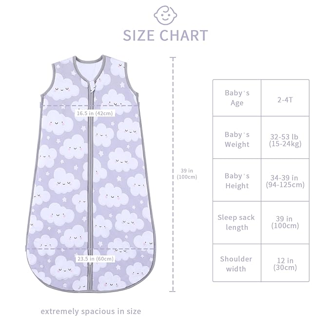 TADO MUSLIN Baby Sleep Sack 2-4 T 95% Rayon from Bamboo 5% Spandex Boys & Girls Wearable Blanket 1.0 TOG Toddler Sleeping Sack 2- Way Zipper X-Large Cloud