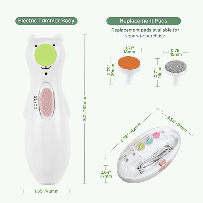 haakaa Rechargeable Baby Nail File Baby Nail Trimmer Electric with LED Light, Rechargeable Baby Nail Clippers for Newborn/Adults Toes and Fingernails, Additional Replacement Heads & Charging Cable