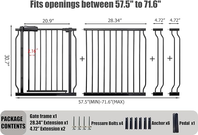 Extra Wide Baby Gate 67-71.6 Inch, Heavy Duty Safety Gate Indoor for Kids & Pets, Black Metal Dog Gate, Pressure Mounted No Drilling Pet Gate for Large Openings, 30 Inch Tall