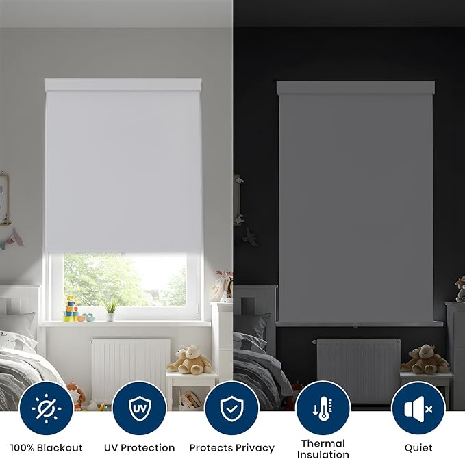 100% Blackout Roller Shades Cordless Blinds for Indoor Windows,Free-Stop Window Shades Pull Down,Thermal Insulated Fabric UV Protection,Blackout Window Guard Blinds for Home,Office,White,34" W x 72" H
