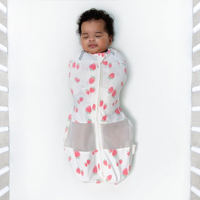 Happiest Baby Sleepea 5-Second Swaddle - 100% Organic Cotton Baby Swaddle Blanket - Doctor Designed Promotes Healthy Hip Development (Ivory Strawberries, Medium)