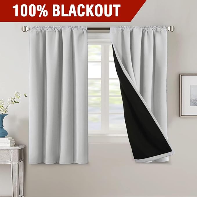 H.VERSAILTEX 100% Blackout Curtains for Bedroom with Black Liner Full Room Darkening Curtains Thermal Back Tab/Rod Pocket Window Drapes for Living Room, 2 Panels, 42 x 63 Inch, Greyish White