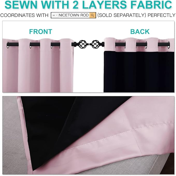 NICETOWN 100% Blackout Tall Curtains, Durable and Soft Black Lined Blackout Drapes for Living Room, Energy Saving Long Panels for Patio Sliding Glass Door, Lavender Pink, 52 inches x 108 inches, 2 PCs