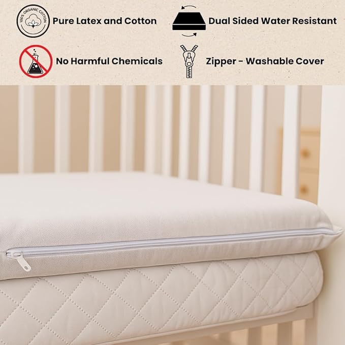 ORGANIC TEXTILES Organic Baby Mattress Topper with Water Resistant Removable Cotton Cover - GOLS/GOTS Certified - Breathable - 2" Portable (36"x26")