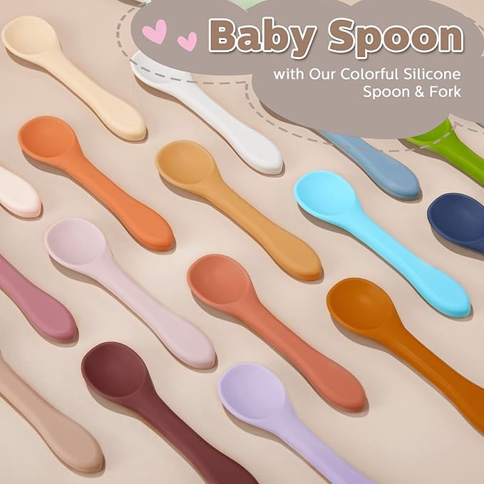 Nuenen 6 Pieces Silicone Baby Feeding Forks and Spoons Set Hot Safety First Stage Self Feeding Supplies Mini Kids Utensils for over 6 Months Babies Boy Girl Toddlers First Foods (Cream Color)