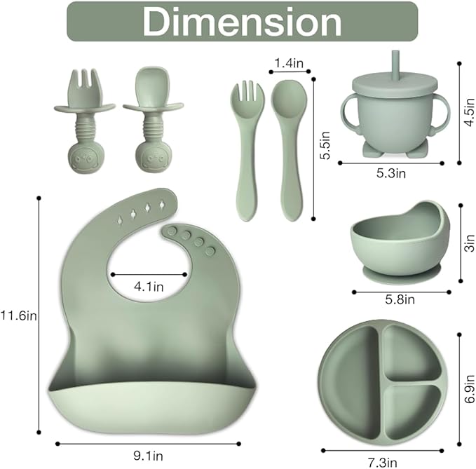 Mutualproducts 10 Pcs Baby Utensils – Silicone Baby Spoons and Forks for Self Feeding – Suction Plate - Anti-Choke Baby Feeding Supplies – Baby Led Weaning Set with Bibs – Great Gift Set (Green)