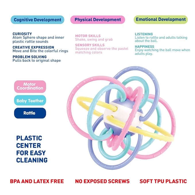 WEofferwhatYOUwant Baby Sensory Teether Ball Soft Rattle Rings for Teething Relief Chewing Grasping BPA Free Newborn Infant Toy 0-6 Months Montessori Soothing Portable Developmental Toy