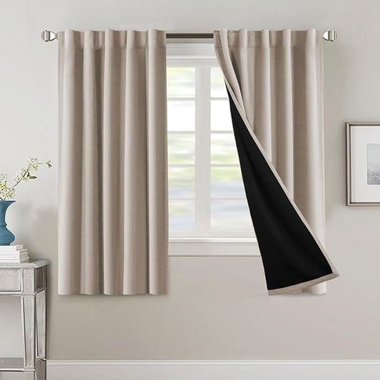 H.VERSAILTEX 100% Blackout Curtains for Bedroom with Black Liner Full Room Darkening Curtain Thermal Insulated Back Tab/Rod Pocket Window Drapes for Living Room, 2 Panels, 42 x 63 Inch, Natural
