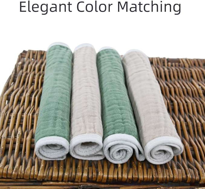 Synrroe Burp Cloths Large, Muslin Burp Cloths for Baby Girls and Boys, Pack of 4 Extra Absorbent and Soft Muslin, 6 Layers 20 by 10 Inches 100% Cotton (Brown-Green 4 Pack)