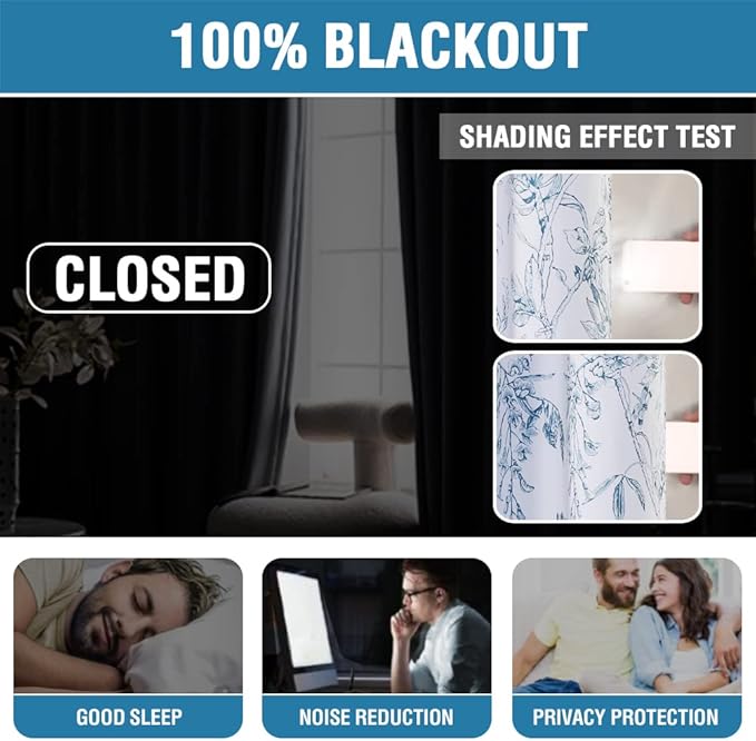 H.VERSAILTEX 100% Blackout Curtains for Bedroom Camellia Floral Blackout Curtains 108 Inches Long Light Blocking Window Treatment Curtains with Black Liner Grommet Thermal Drape, 2 Panels, Stone Blue