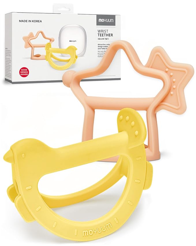 MOYUUM Wrist Teether Gift Set 100% Silicone Wearable Type Baby Chew Toy Baby Gift for Newborn, Roly Poly Toy Silicone Teething Toys for Infant and Toddler Bracelet Type (Bird Yellow, Star Coral Beige)