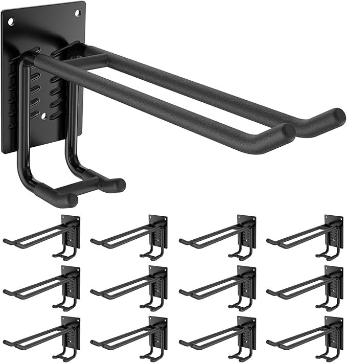 12 Pack Garage Hooks Heavy Duty 10 INCH Two-Tier Steel Shed Wall Mount Workshop Garage Storage Organizer Hooks for Hanging Garden Tool, Hose, Ladder, Chairs, Bikes with Anti-Slip Coating
