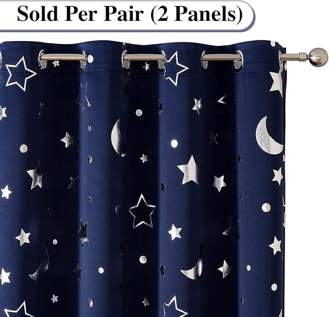 WUBODTI Navy Blue Star Curtains Blackout Kids Room Curtain 2 Panel Sets 63 Inch Length, Silver Star and Moon Patterned Short Curtains Grommets Thermal Insulated Space Drapes for Boys Bedroom