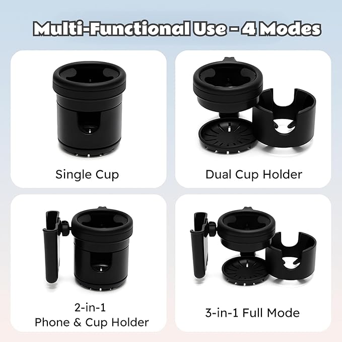 Lusinus 3-in-1 Dual Cup and Phone Holder with 360 Rotating Clamp Compatible with YOYO Stroller - Fits Bottles, Coffee Cups, Smartphones