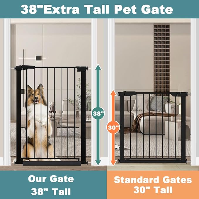 Fairy Baby 26.8"-29.5" Inch Narrow Baby Gate for Small Doorways Stairs, 38" Extra Tall Dog Gate Indoor for Kids or Pets, Metal Safety Gate Pressure Mounted No Drilling Walk Through, Black