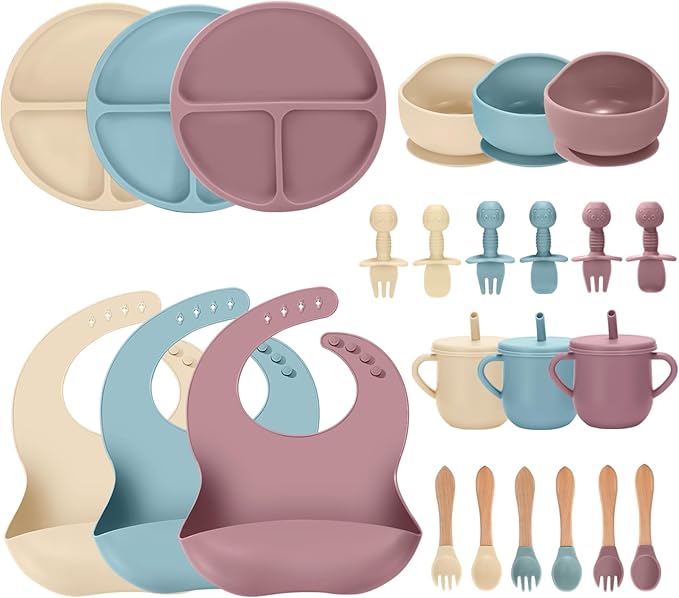 JELLDJK 24 PCS Silicone Baby Feeding Set, Baby Led Weaning Supplies Includes Suction Bowls and Divided Plates, Adjustable Silicone Bib, Spoons&forks, Training cup with straw(Pink+Blue+Beige)