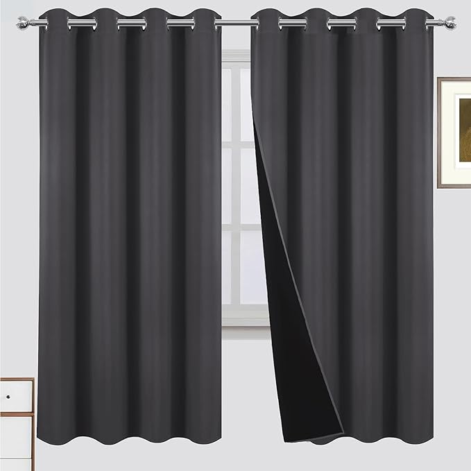 LEMOMO 100% Blackout Curtains 52 x 72 Inch Dark Grey Curtains 2 Panels Darkening Thermal Insulated Bedroom Curtains